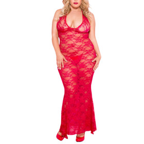 Nuisette grande taille longue rouge décolletée dentelle florale - ML53012XRED