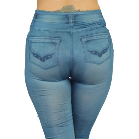 Legging bleu style jean moulant avec impressions sur poches - FD1018
