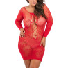 Nuisette grande taille rouge fine résille manches longues - REN7067X-RED