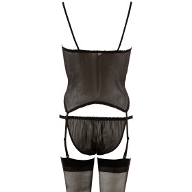 Guêpière noire porte-jarretelles avec culotte en résille et bas inclus - R206695