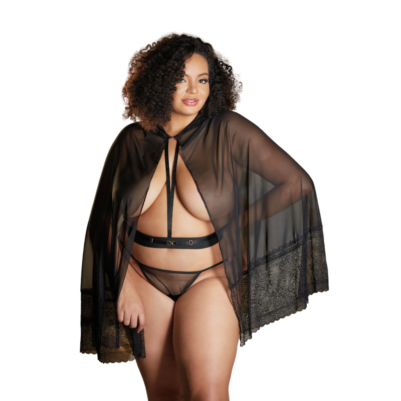 Cape noire grande taille avec ceinture style harnais SERENA - 18-6002XB