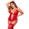 Body rouge grande taille en dentelle et résille avec porte jarretelles - MAL8568XRED