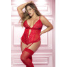 Body rouge grande taille en dentelle et résille avec porte jarretelles - MAL8568XRED