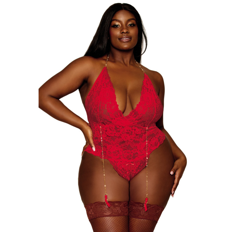 Body dentelle rouge grande taille ouvert à l'entrejambe avec porte jarretelles en chainettes - DG13089XRED