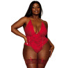 Body dentelle rouge grande taille ouvert à l'entrejambe avec porte jarretelles en chainettes - DG13089XRED