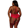 Body dentelle rouge grande taille ouvert à l'entrejambe avec porte jarretelles en chainettes - DG13089XRED