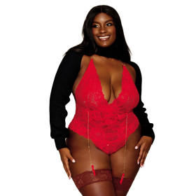 Body dentelle rouge grande taille ouvert à l'entrejambe avec porte jarretelles en chainettes - DG13089XRED