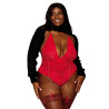 Body dentelle rouge grande taille ouvert à l'entrejambe avec porte jarretelles en chainettes - DG13089XRED