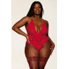 Body dentelle rouge grande taille ouvert à l'entrejambe avec porte jarretelles en chainettes - DG13089XRED