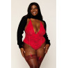 Body dentelle rouge grande taille ouvert à l'entrejambe avec porte jarretelles en chainettes - DG13089XRED