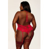 Body dentelle rouge grande taille ouvert à l'entrejambe avec porte jarretelles en chainettes - DG13089XRED