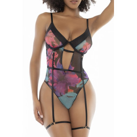 Body noir imprimé fleurs exotiques  - MAL8774PRT