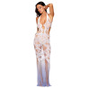 Robe bodystocking blanche sans couture avec motif de dentelle personnalisé et motifs en résille - DG0491WHT