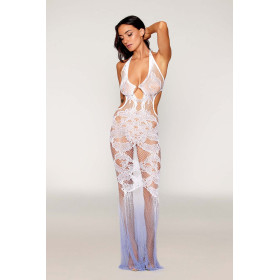 Robe bodystocking blanche sans couture avec motif de dentelle personnalisé et motifs en résille - DG0491WHT